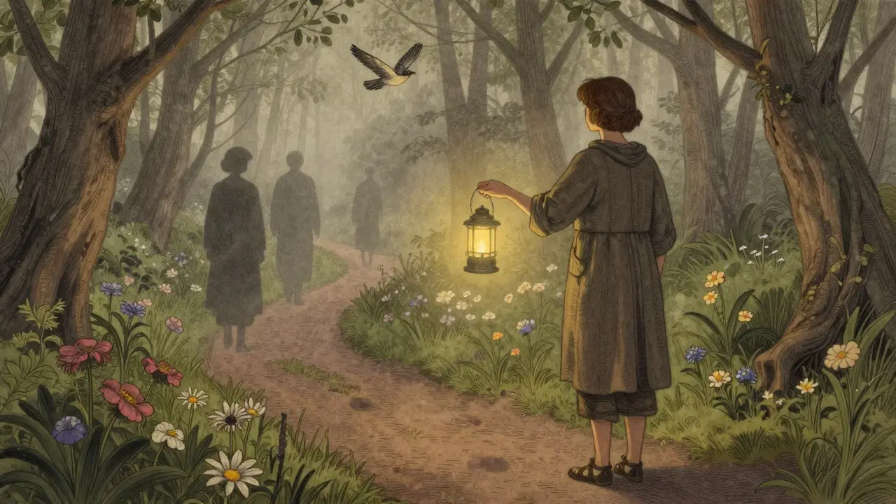 Člověk stojí na cestě do lesa, drží lucernu, za ním stíny, před ním květiny a pták ve vzduchu.