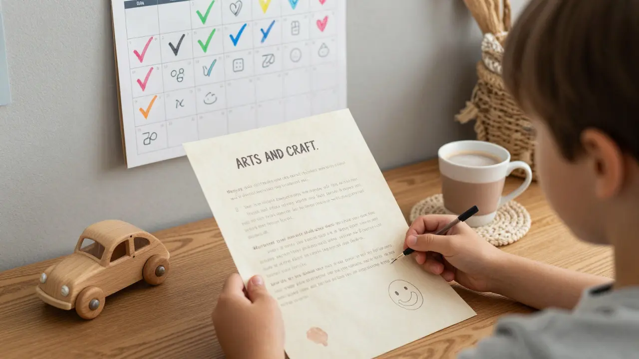 Dítě drží písemný kontrakt s náčrtky úkolů a odměnami, umístěný na stolku s ručně dělanými předměty.