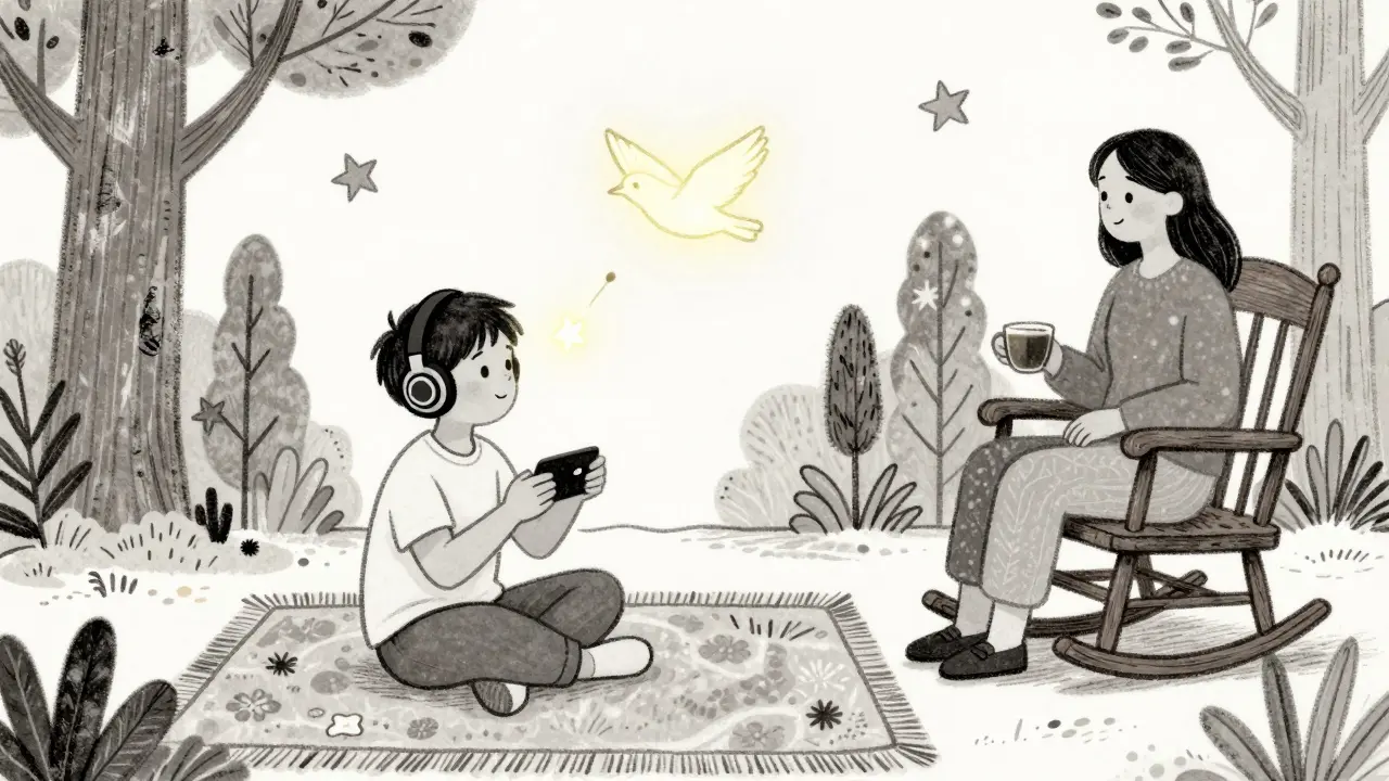 Dítě hraje neurofeedback hru, kde se pták létá při klidném dechu, v prostředí s přírodními ilustracemi.