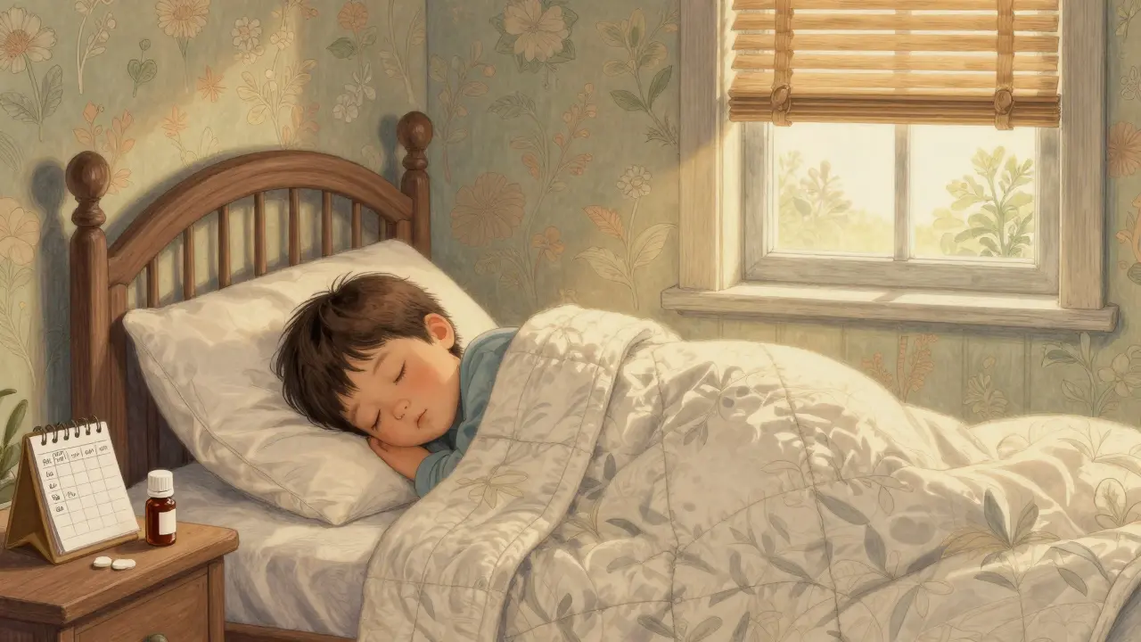 Dítě klidně spí v ranním světle, na nočním stole melatonin a ručně psaný režim, žádné obrazovky.
