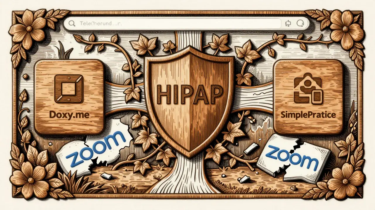 Drobná dřevořezba znázorňující bezpečnou teleterapeutickou platformu s šifrovanými daty jako lístky ivy a opuštěným Zoomem ve stínu.