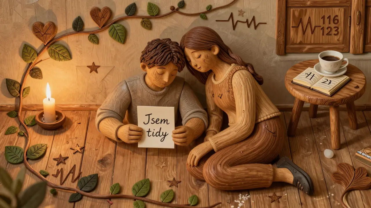 Dva lidé na podlaze drží ruce, kolem nich rostou květy tvaru tepů, světlo svíčky osvětluje číslo 116 123.