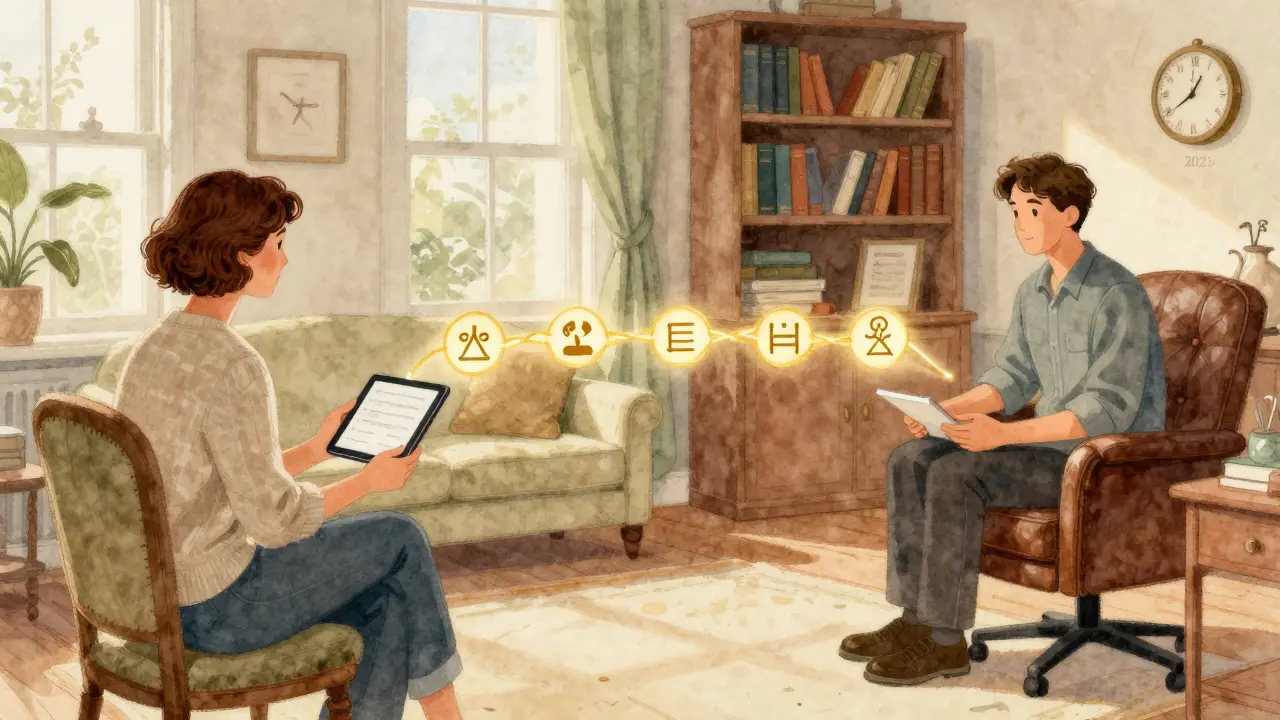 Hybridní terapeutická sezení spojená zlatou nití: klient doma a v kanceláři, symbolizující volbu a plynulý přechod mezi online a osobní péčí.