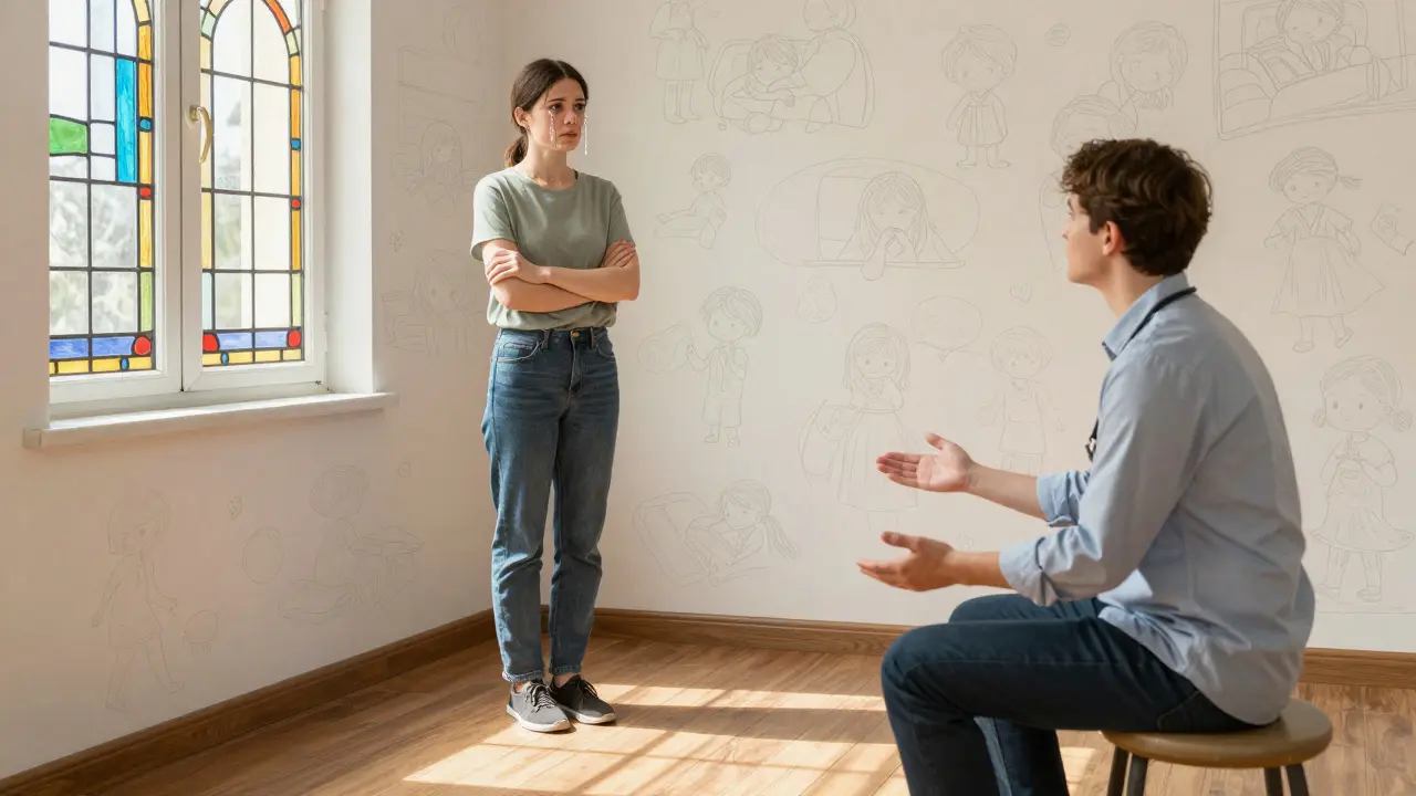 Klíčový okamžik v terapii: klient pláče u okna, terapeut naslouchá s otevřenýma rukama, jemné stíny minulosti na zdi.