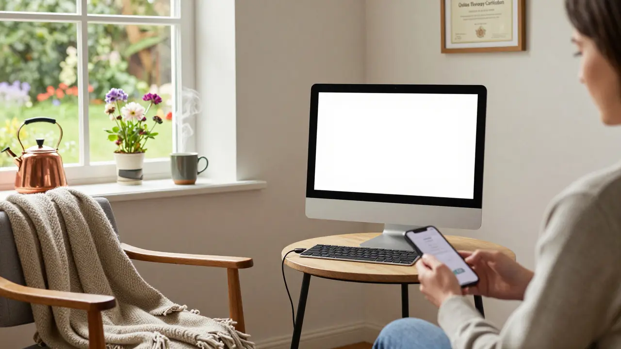 Klient používá telefon jako záložní zařízení, zatímco počítač s kabelem čeká na stole v klidné, přírodně zdobené místnosti.