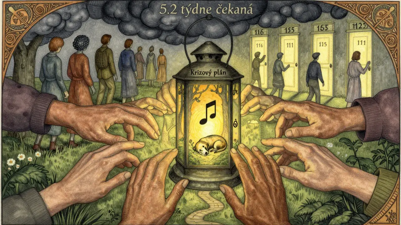 Kruh rukou se táhne k lucerně s krizovým plánem, za nimi cesty k různým pomocným linkám.