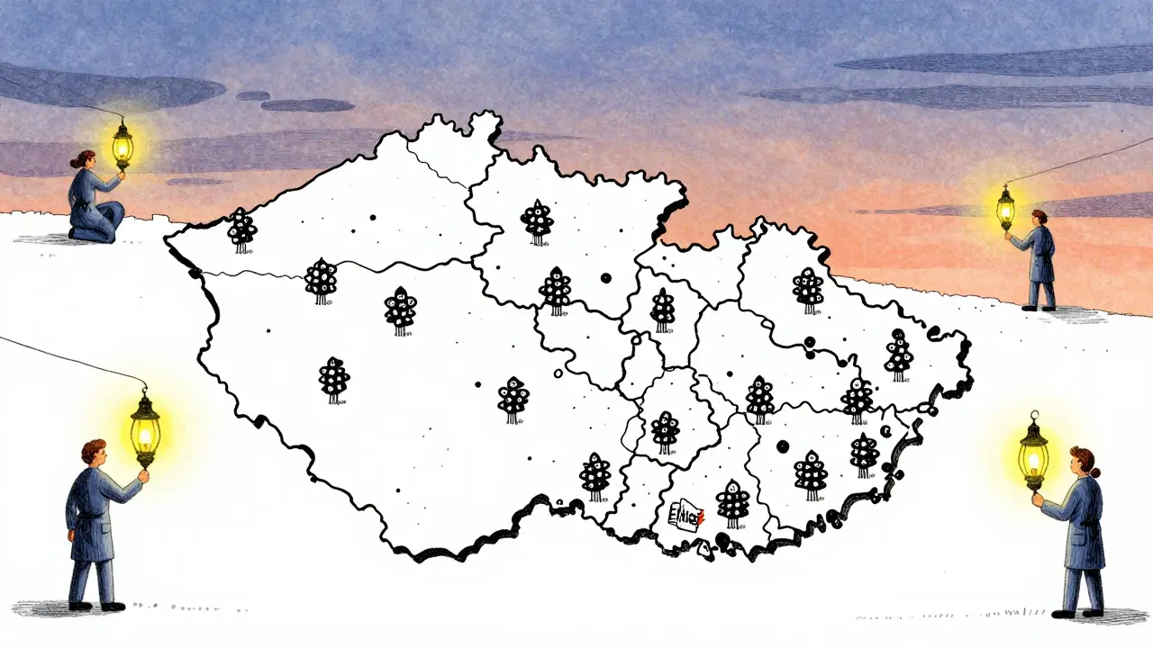 Mapa Česka s rozložením supervizorů: husté centrum v Praze a řídké body na Moravě, terapeuti cestují za podporou.