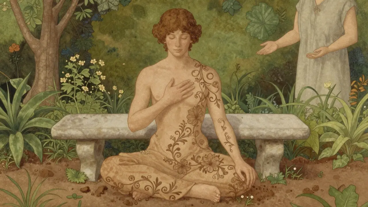 Osoba sedí na kamenité lavičce v zahradě, ruce na srdci a zemi, okolo květiny.