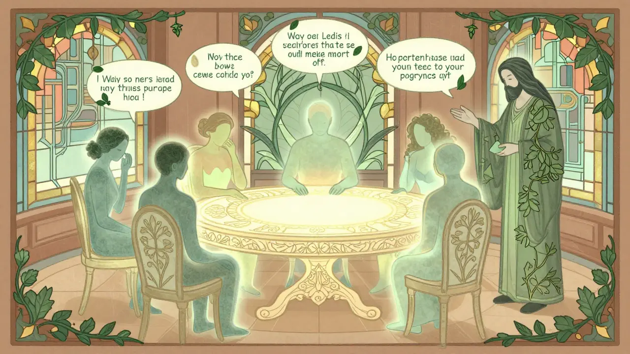 Pět postav v kruhu spolu s terapeutem účastní se virtuální skupinové terapie v stylu uměleckého řemesla.