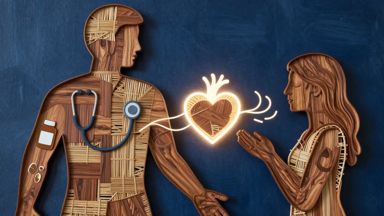 Rozdělený lidský tvar z dřevěných prken a vláken, spojující lékařské symboly s tělesným prožíváním.