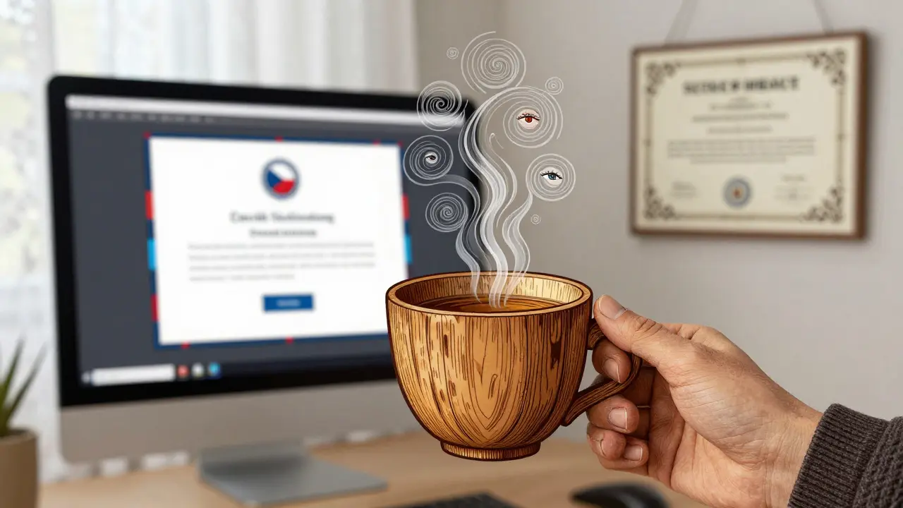 Ruka drží šálek čaje, pára se mění v tváře, na pozadí je bezpečná terapeutická platforma s českými motivy.