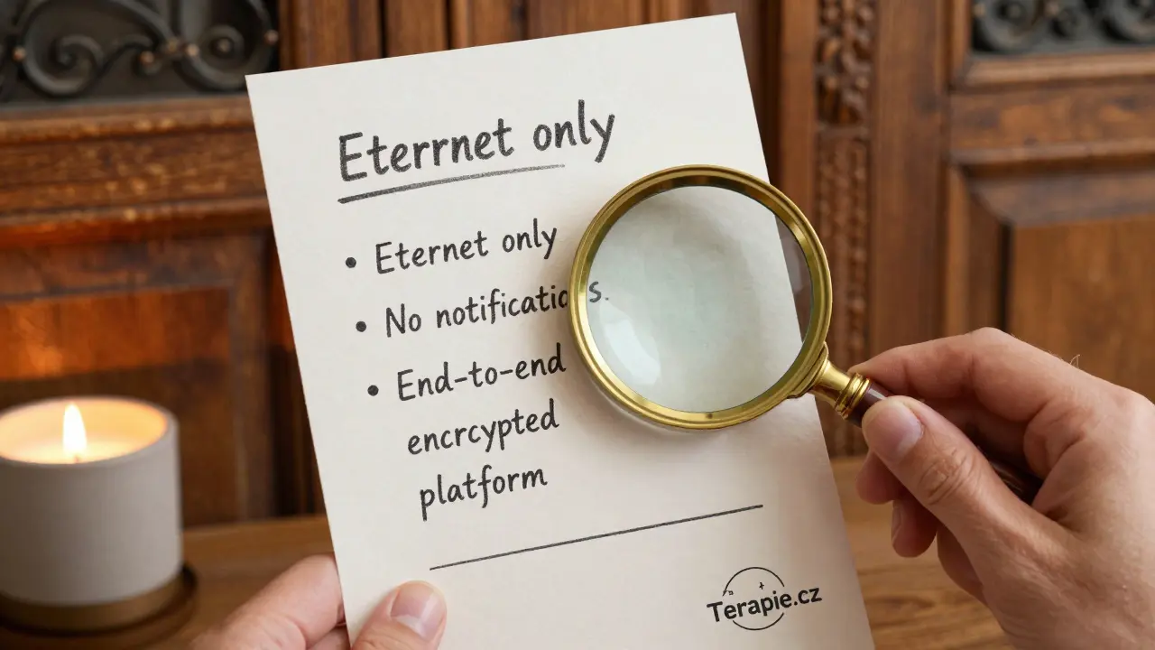 Rukou držený tisknoutý checklist s technickými požadavky pro online terapii, s magnifikátorem a keramickou svíčkou.