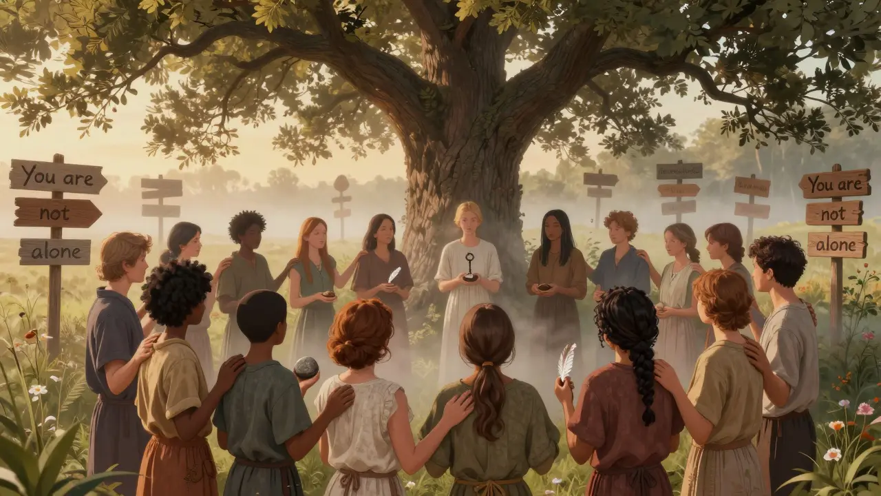 Skupina lidí stojí v kruhu pod dubem, každý drží symbol své Vyšší síly, všichni spojeni dotekem.