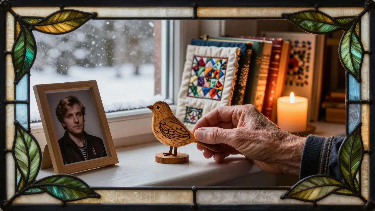 Stará ruka klade dřevěného ptáčka na windowsill vedle fotografie, v pozadí ručně vyrobené předměty.