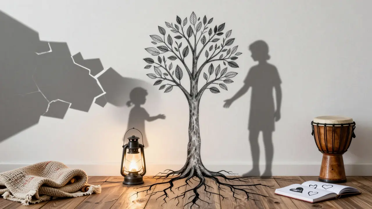 Stín dítěte se mění z rozbitého tvaru na spojený se zády dospělého, symbolizující obnovu vztahu.