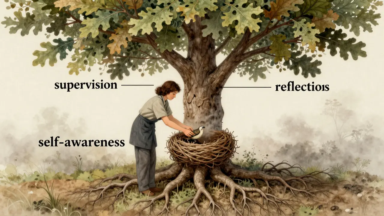 Strom s kořeny a větvemi symbolizuje supervizi jako zdroj sebeznalosti a terapeut ukládá ptáka do hnízda.