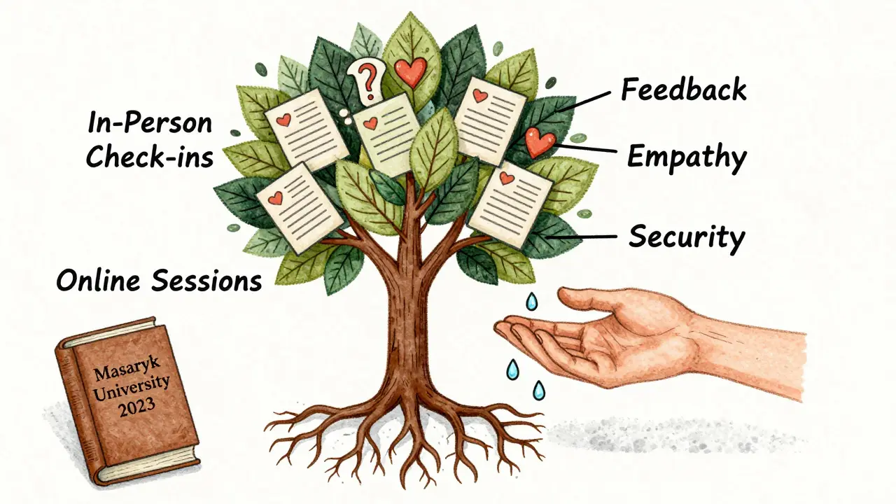 Strom s kořeny online terapie a větvemi osobních setkání, zaléváný feedbackem.