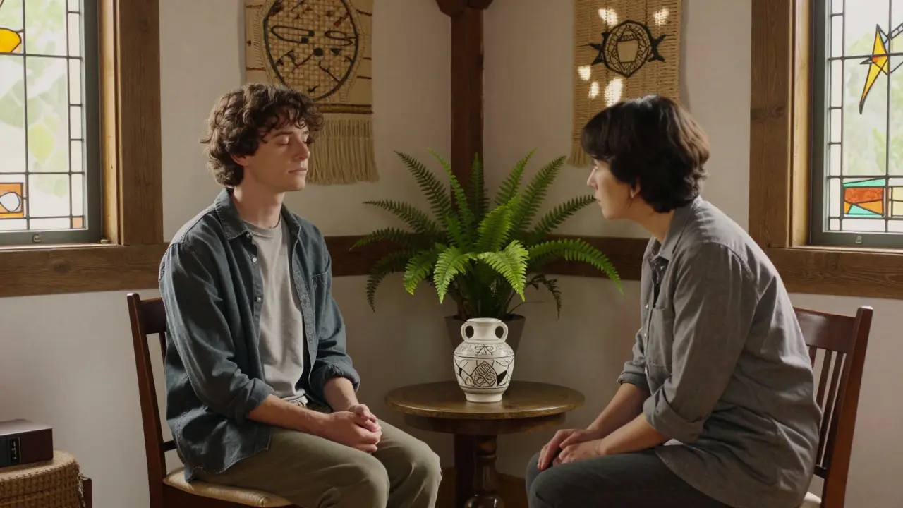 Terapeut a klient sedí v klidné místnosti s ručně vytvořenými detaily, vyjadřující důvěru a soužití.