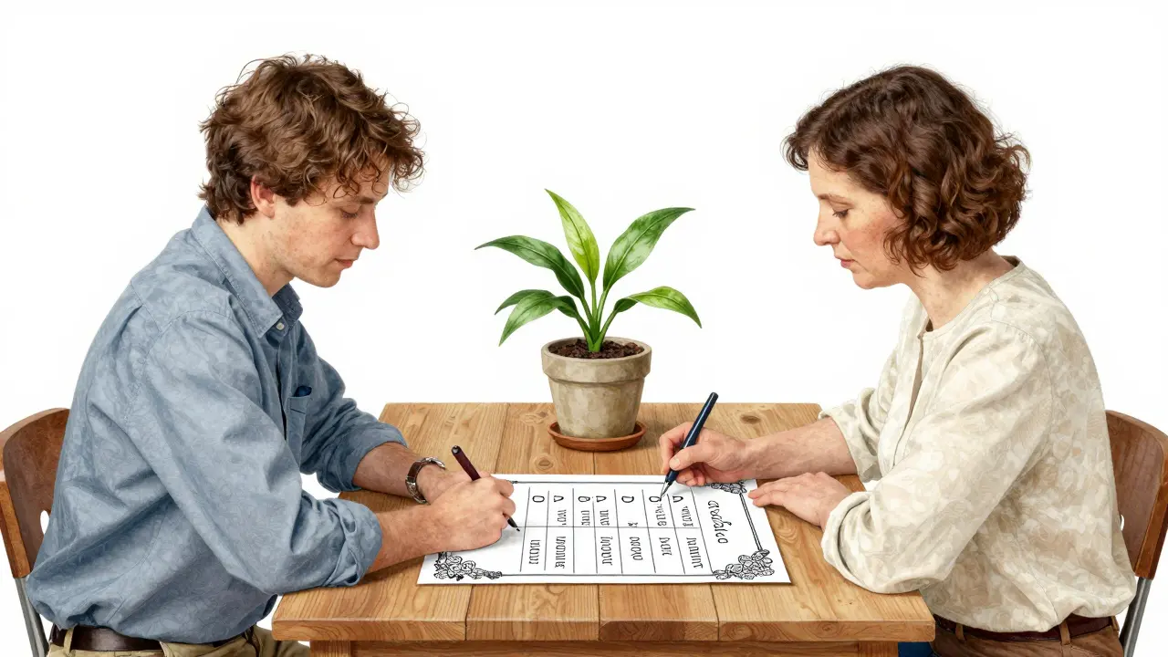 Terapeut a klient společně analyzují graf denních aktivit u dřevěného stolu.