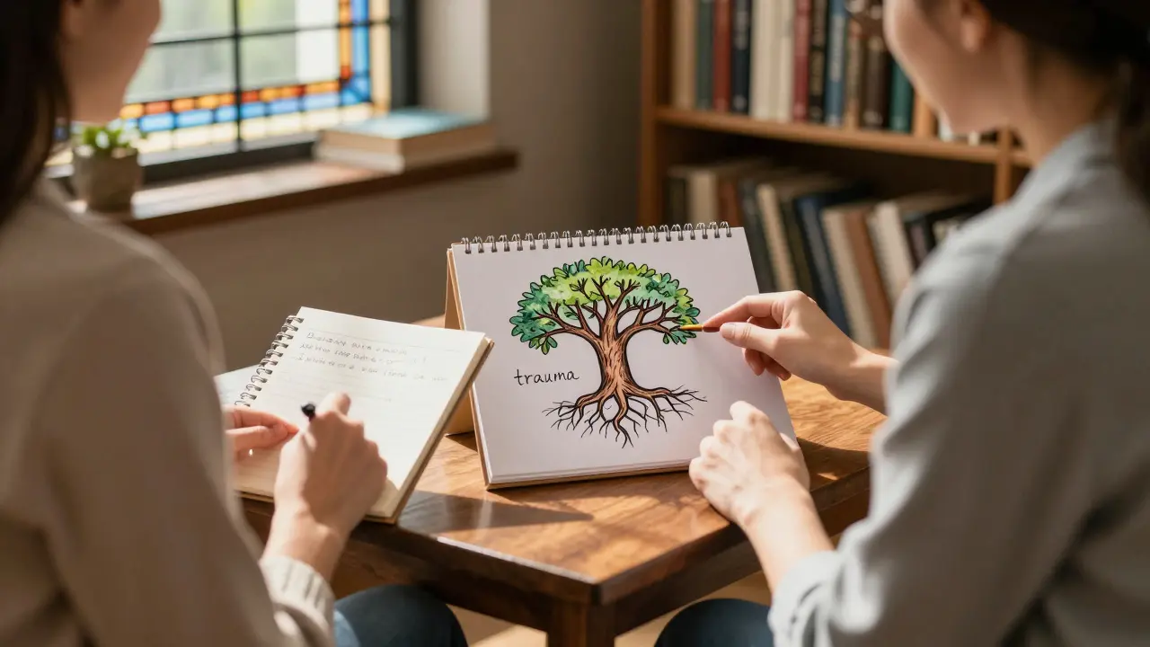 Terapeut a klient spolu sedí u dřevěného stolu, kde se diskutuje o 12 krocích bez slov, pouze gesty.