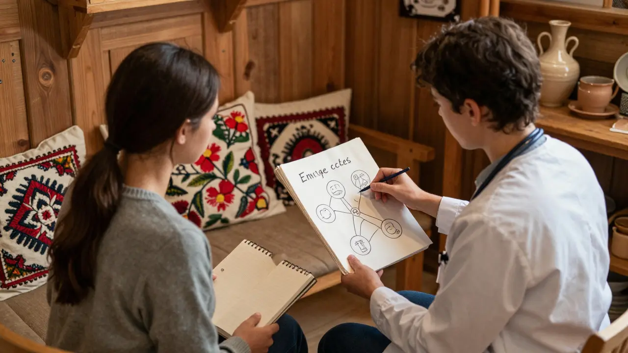 Terapeut a pacient spolu sedí v pokoji s ručně vyrobeným nábytkem, diskutují o emocionálních spouštěčích.