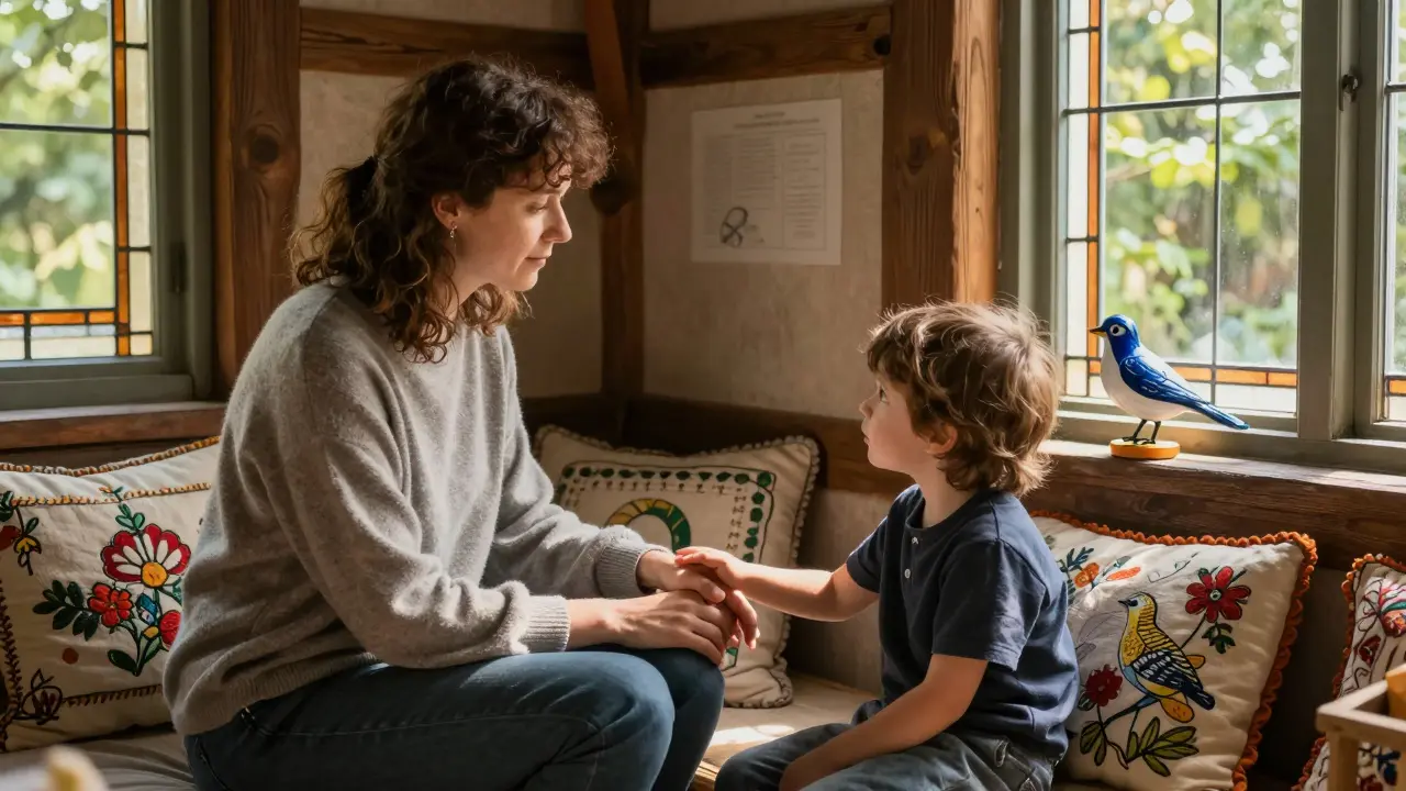 Terapeut, rodič a dítě společně v terapeutickém prostředí s jemnými ručními detaily a přirozeným osvětlením.