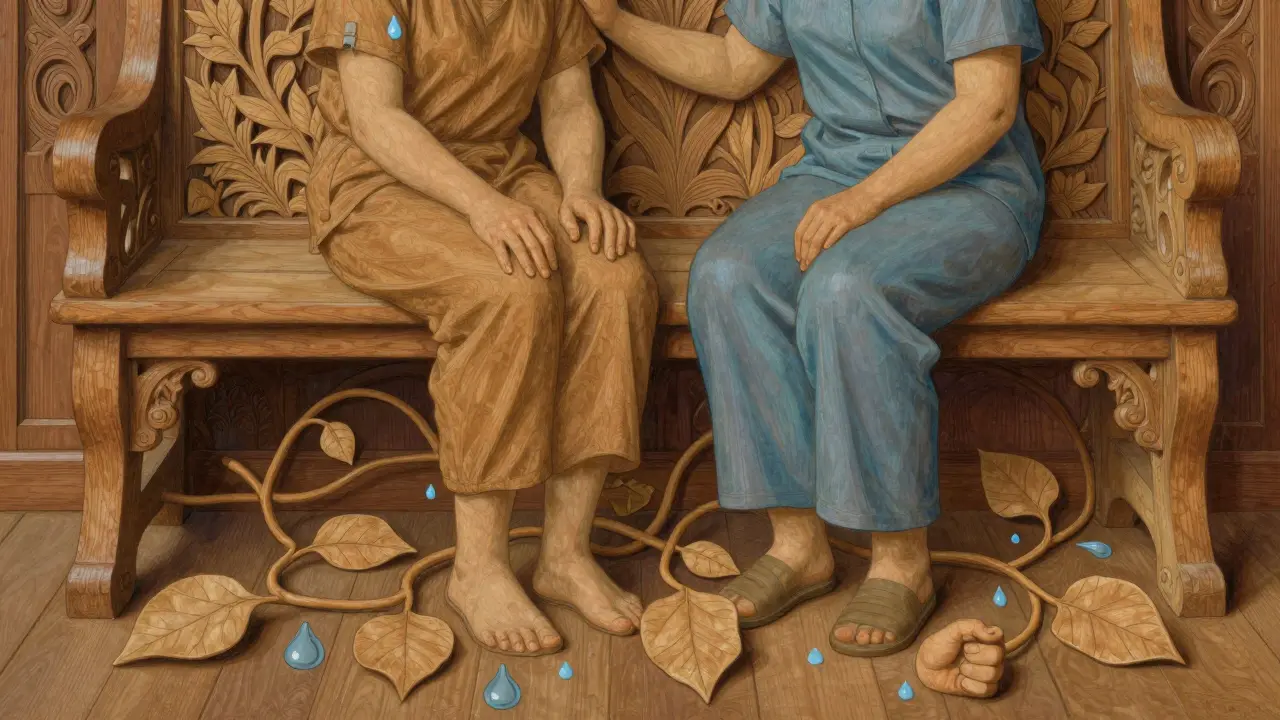 Terapeut se dotýká pacienta na rameni, květiny vycházející z podlahy symbolizují emocionální napětí v těle.