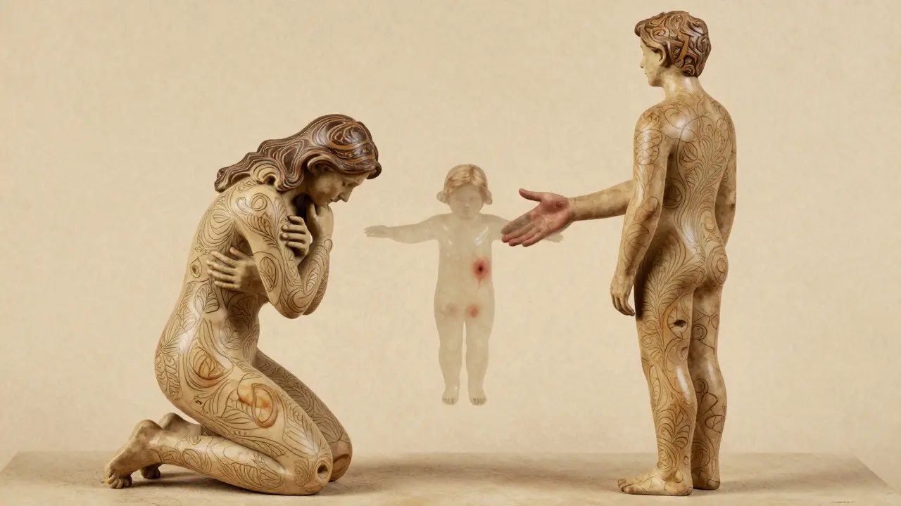 Terapeut vede pár k fyzickému znázornění emocionálních vzorců, s průhlednou postavou dítěte mezi nimi.