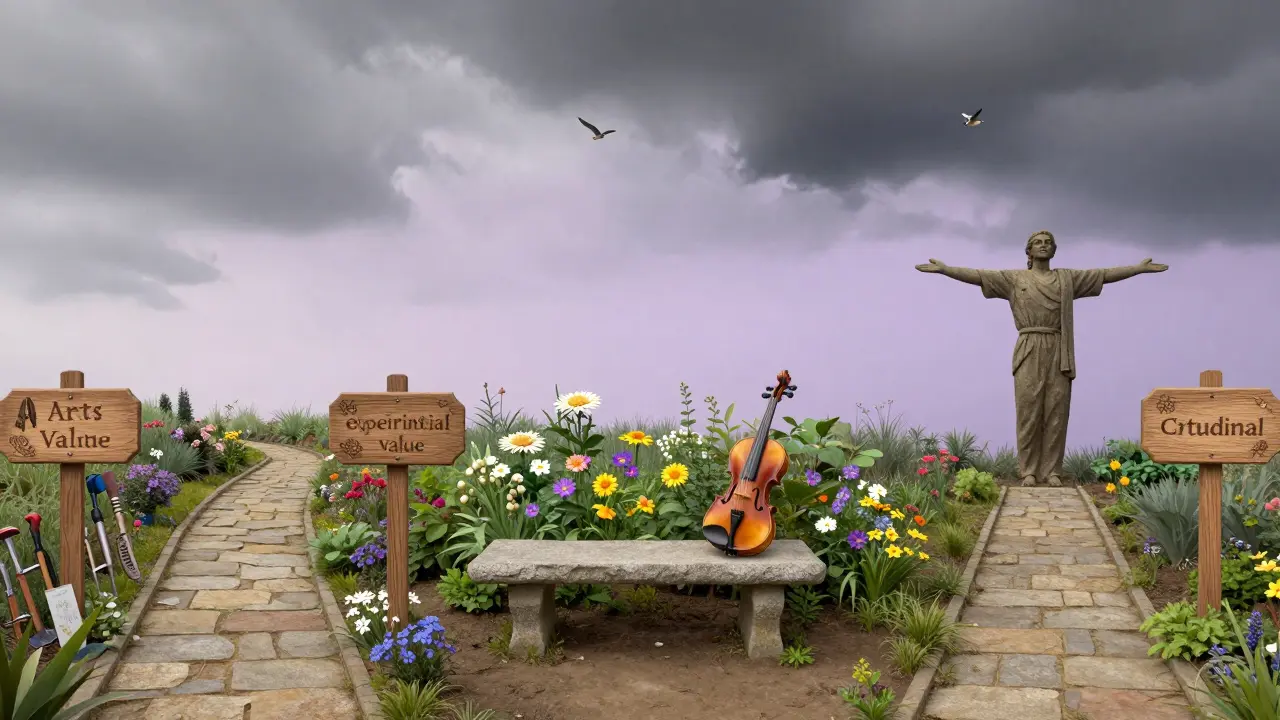 Tři cesty v zahradě symbolizují tvůrčí, zážitkové a postojové hodnoty smyslu života.