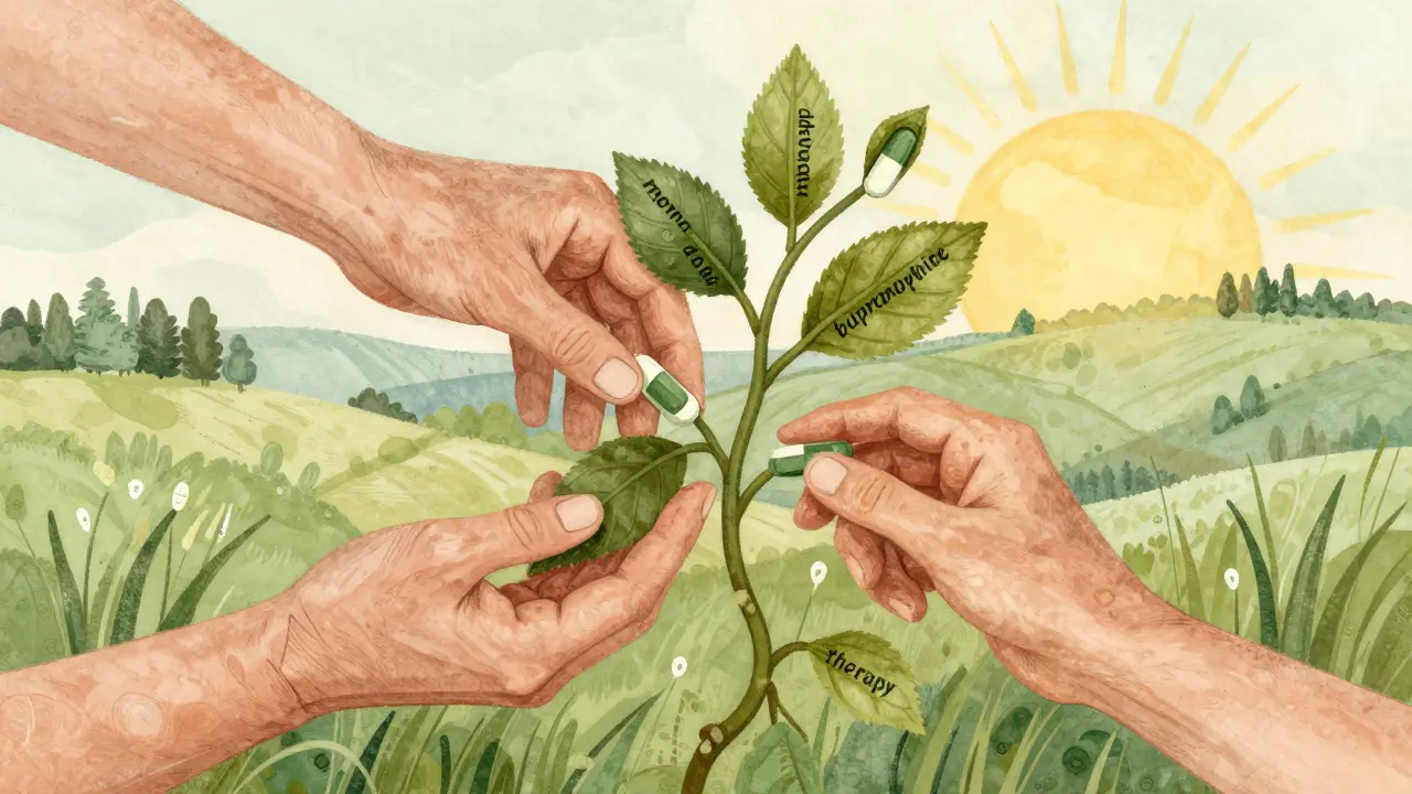 Tři ruce spojené jako lístky a stopky symbolizují léčbu a podporu.