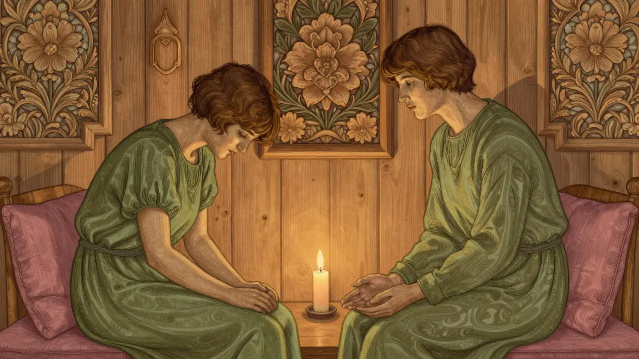 Two figures in a wooden therapy room, one hunched, the other leaning forward, with floral carvings on the walls.