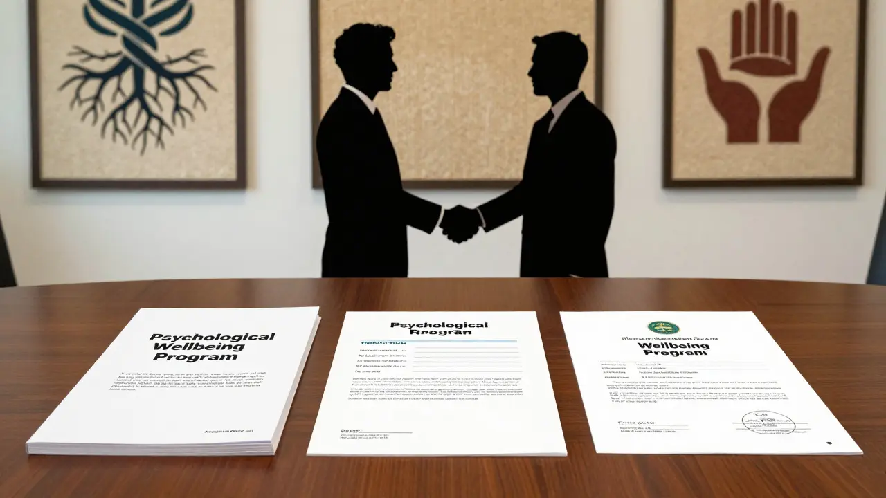 Zaměstnavatel a zaměstnanec se podpisují na dokumentech o podpoře duševního zdraví.