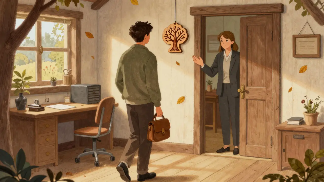 Závěr terapie: klient odchází s dřevěným symbolem, terapeut stojí v dveřích, listy padají v podzimním světle.