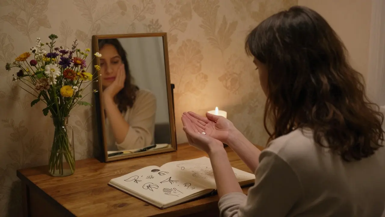 Žena drží tabletu buprenorfinu v ruce, její odraz v zrcadle s květinami.