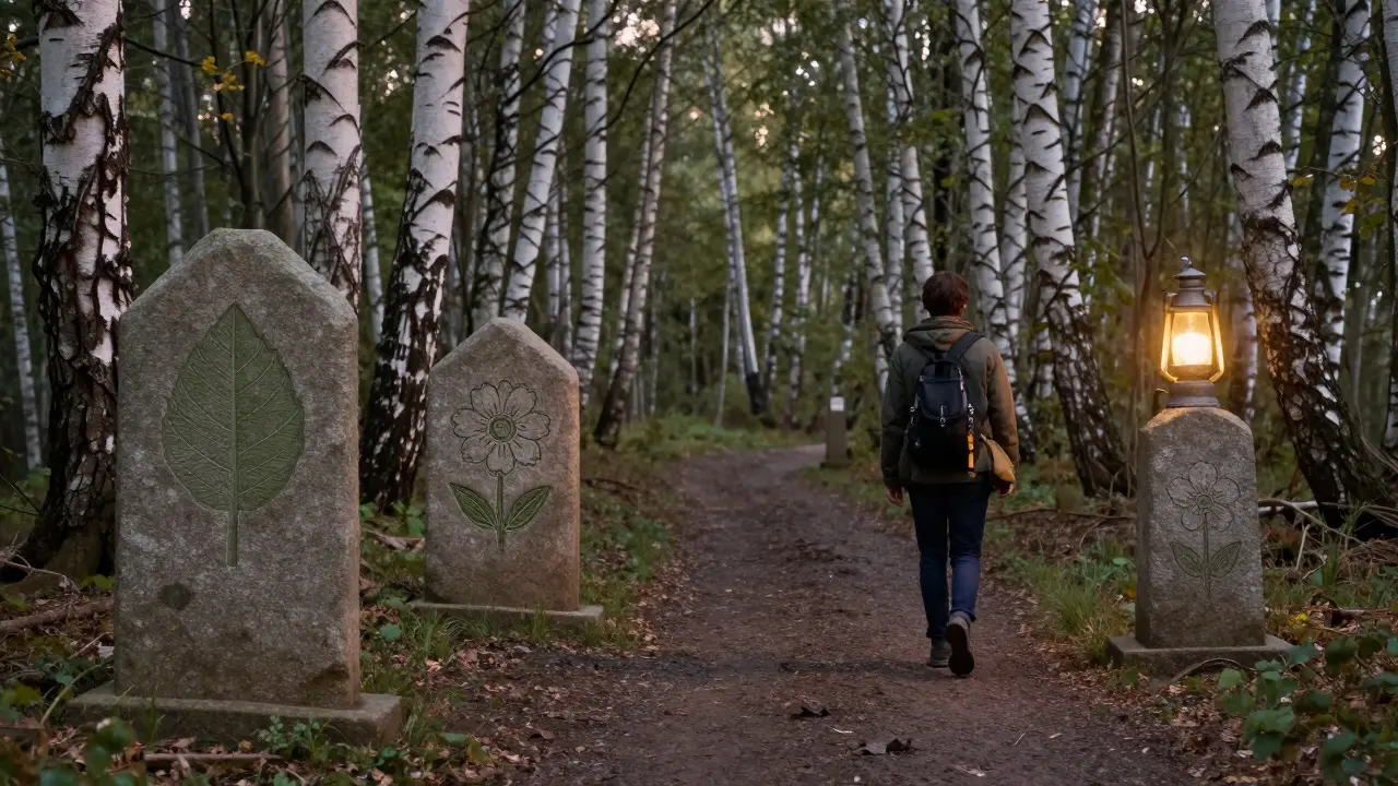 Cestovatel se vydává cestou lesem, kde kameny označují fáze hojení: list, květ a lucernu.