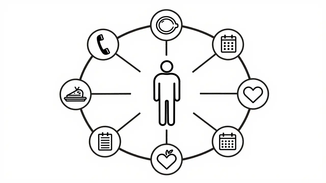 Circular diagram with icons of phone, food, calendar, and heart around a calm person.