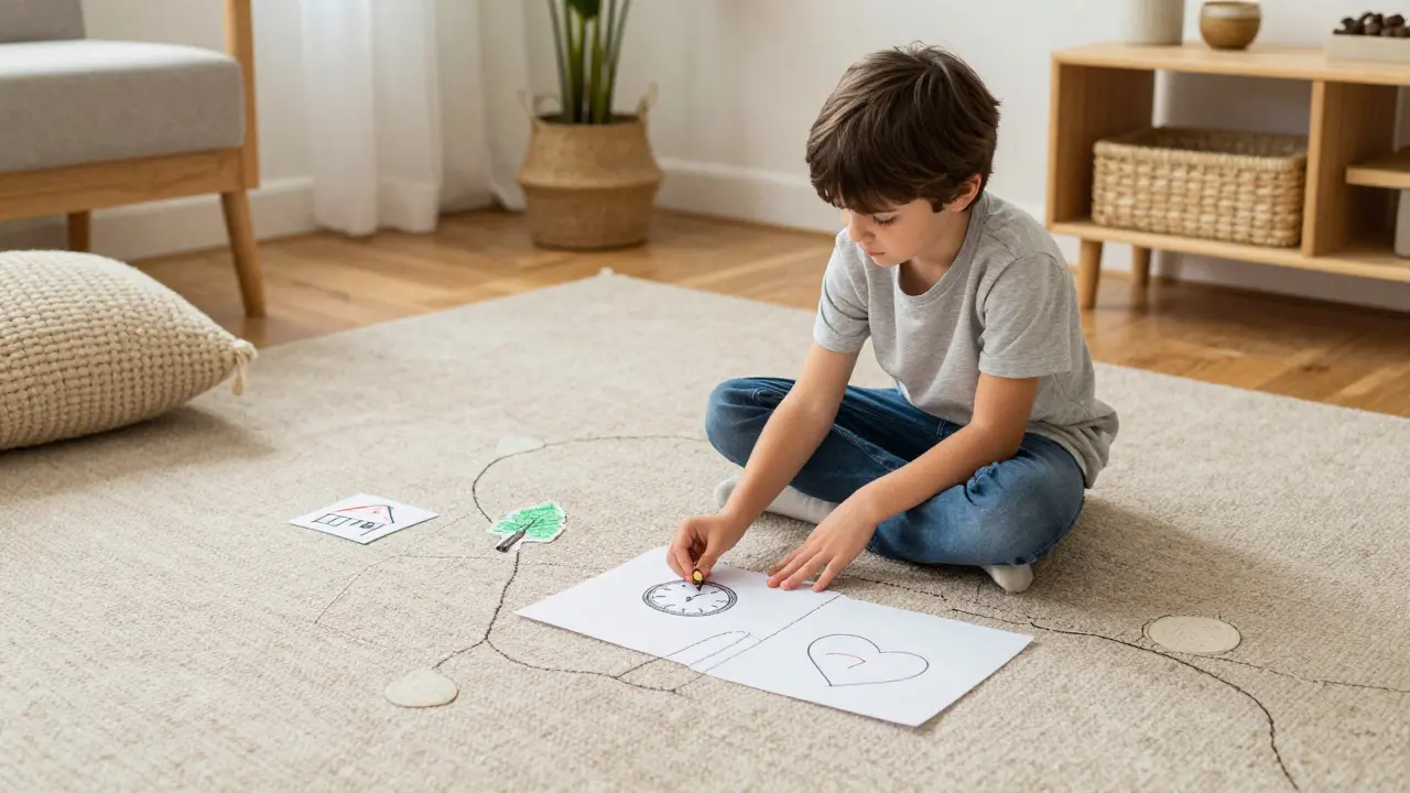 Dítě a terapeut kreslí mapu bezpečné cesty společně na podlaze s ručně vyrobenými předměty.