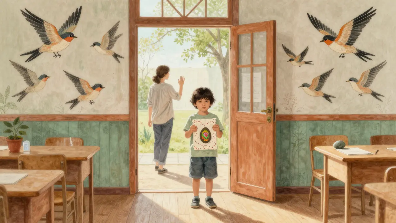 Dítě vstupuje do třídy držet symbol bezpečí, zatímco rodič odchází s vlněním ruky.