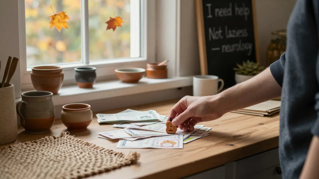 Jeden partner klade dřevěný signál na kuchyňský counter, druhý se zastaví před hromadou účtů.