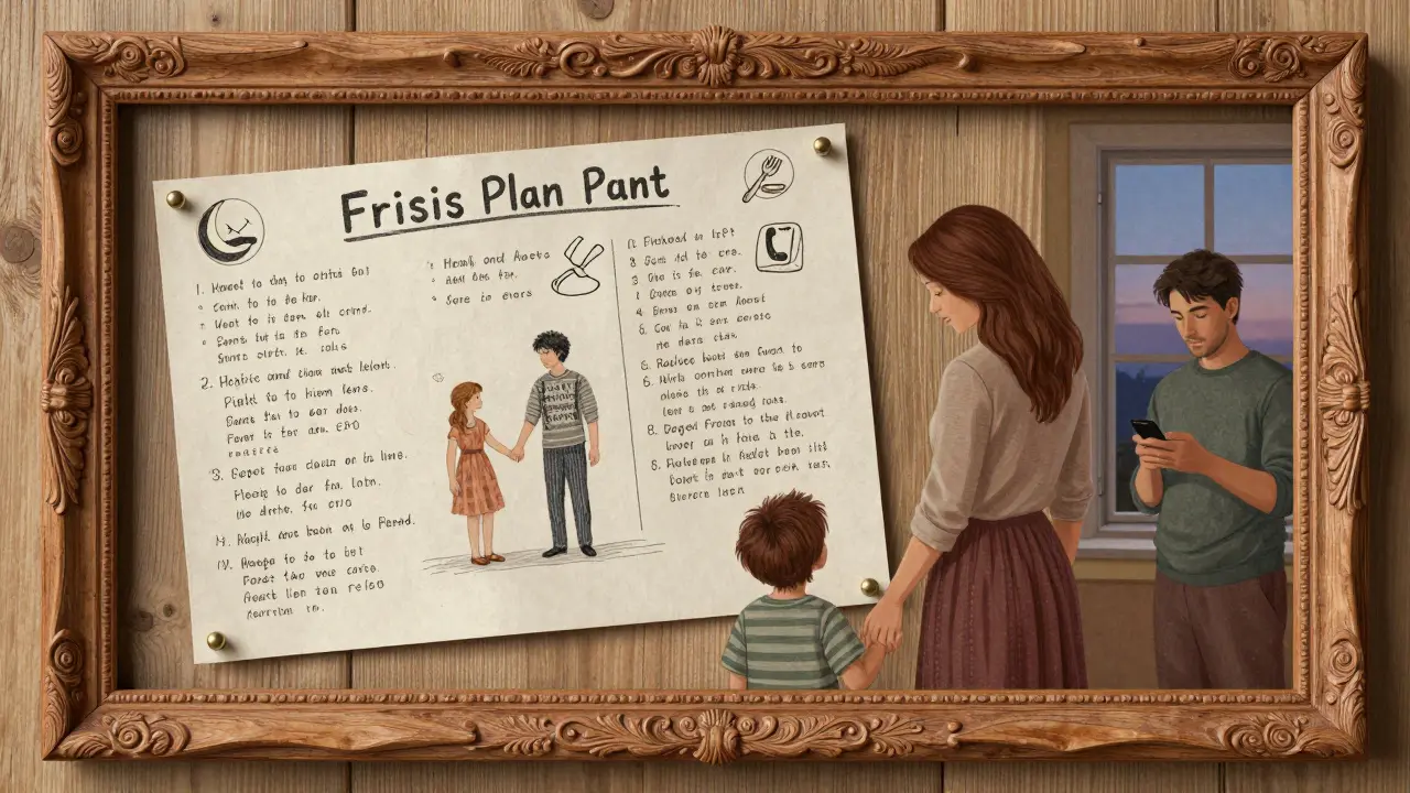 Krizový plán připevněný ke zdivu s ručně psanými kontakty a symboly, rodina vedle něj v klidném prostředí.