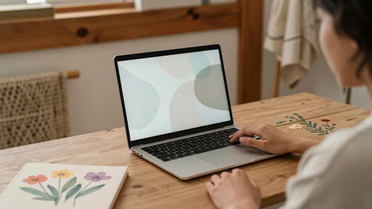 Online terapie v domácím prostředí s dřevěným stolem a květinovými detaily, klidná atmosféra.