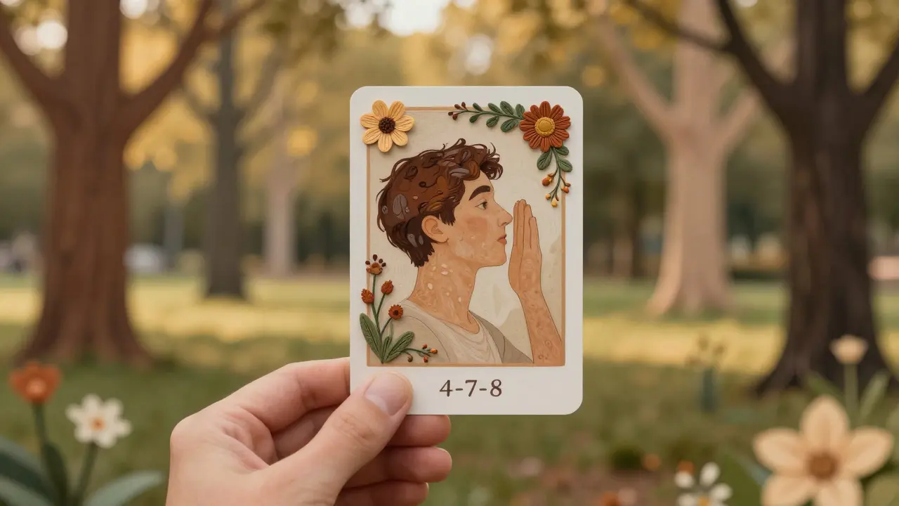 Osoba dýchá v parku s krizovou kartou a stylizovanými stromy.