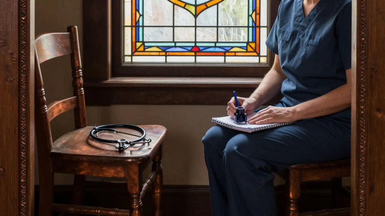 Osoba mezi dvěma židlemi – jedna s lékařským přístrojem, druhá s sešitem a inkoustem, osvětlená barevným oknem.