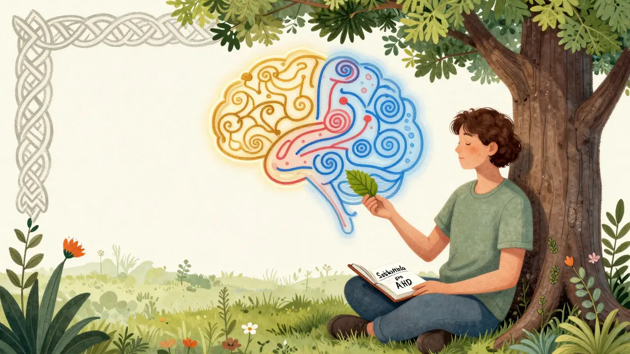 Osoba pod stromem s poznámkami o sebekontrole a mozkovými cestami v klidu.