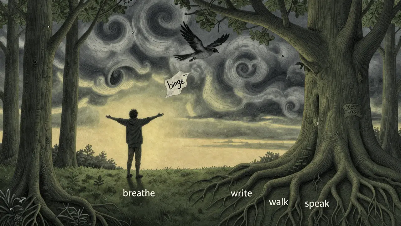 Osoba stojí v lese při svítání, ruce natažené k obloze, kořeny stromu s dovednostmi DBT pod nohama.