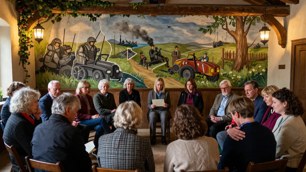 Skupina lidí sedí v kruhu ve vesnické sále, sdílí příběhy v klidném, světle osvětleném prostoru.