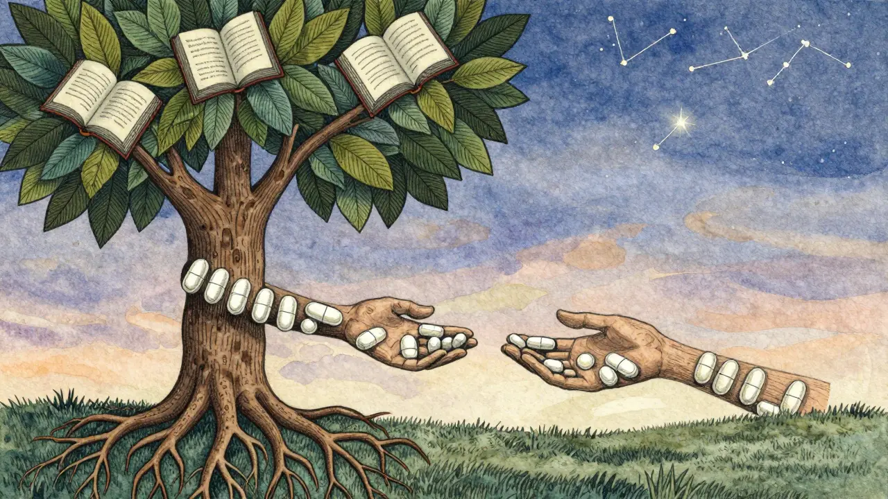 Strom s kořeny tvaru léků a větvemi jako ruky, listy jako stránky sešitu, ve třídním světle.