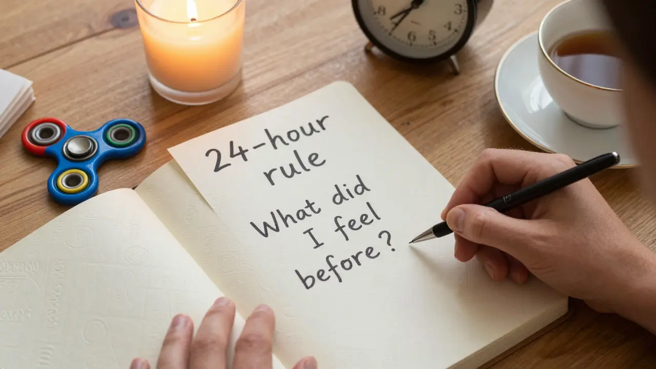 Stůl s poznámkami, fidget hračkou a časem, znázorňující odpočinek a přemýšlení.