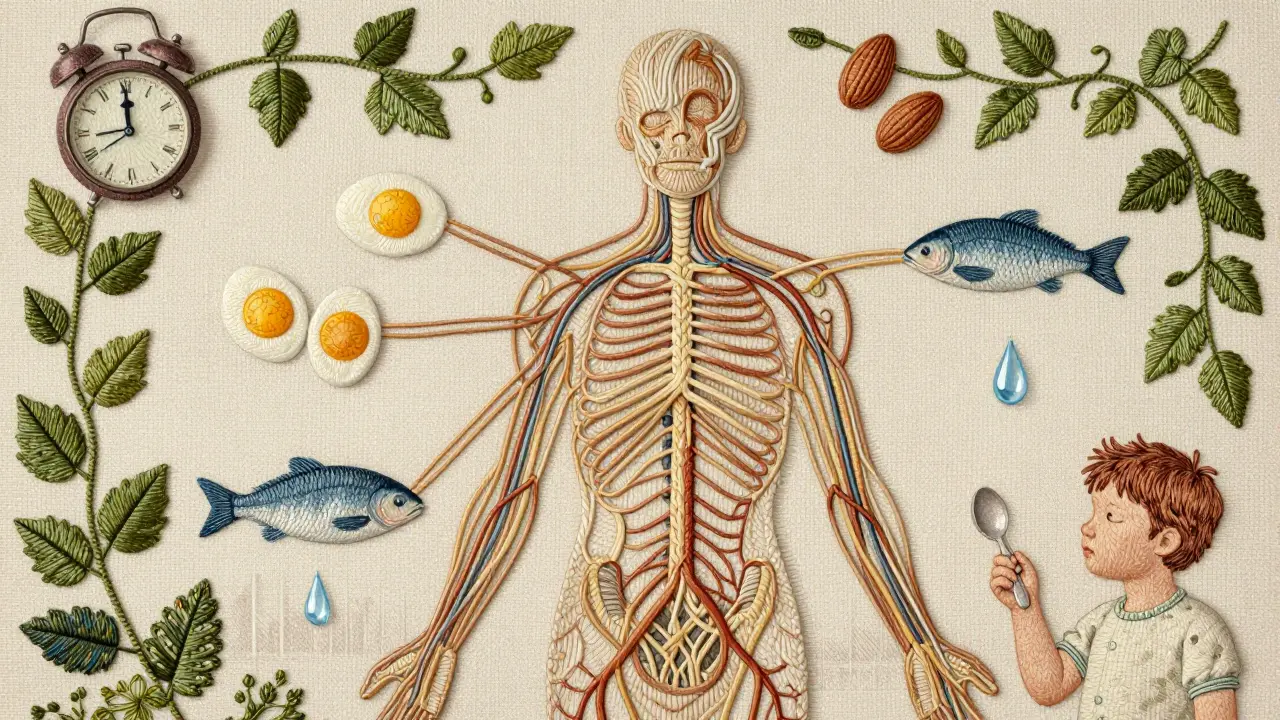 Symbolická tapestry znázorňující spojení výživy, neurochemie a spánku v rukotvorném stylu.