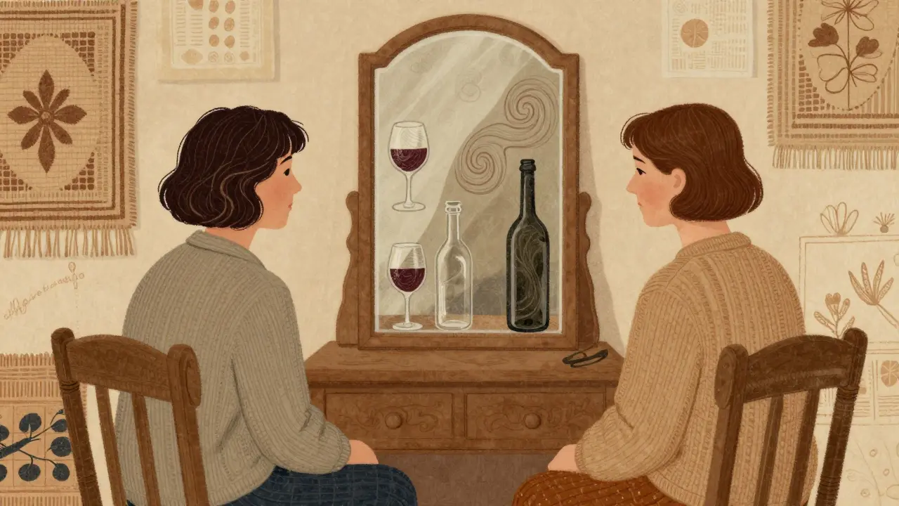 Terapeut a klient sedí proti sobě v klidné místnosti, před nimi zrcadlo s obrazem alkoholových sklenic a emocí.